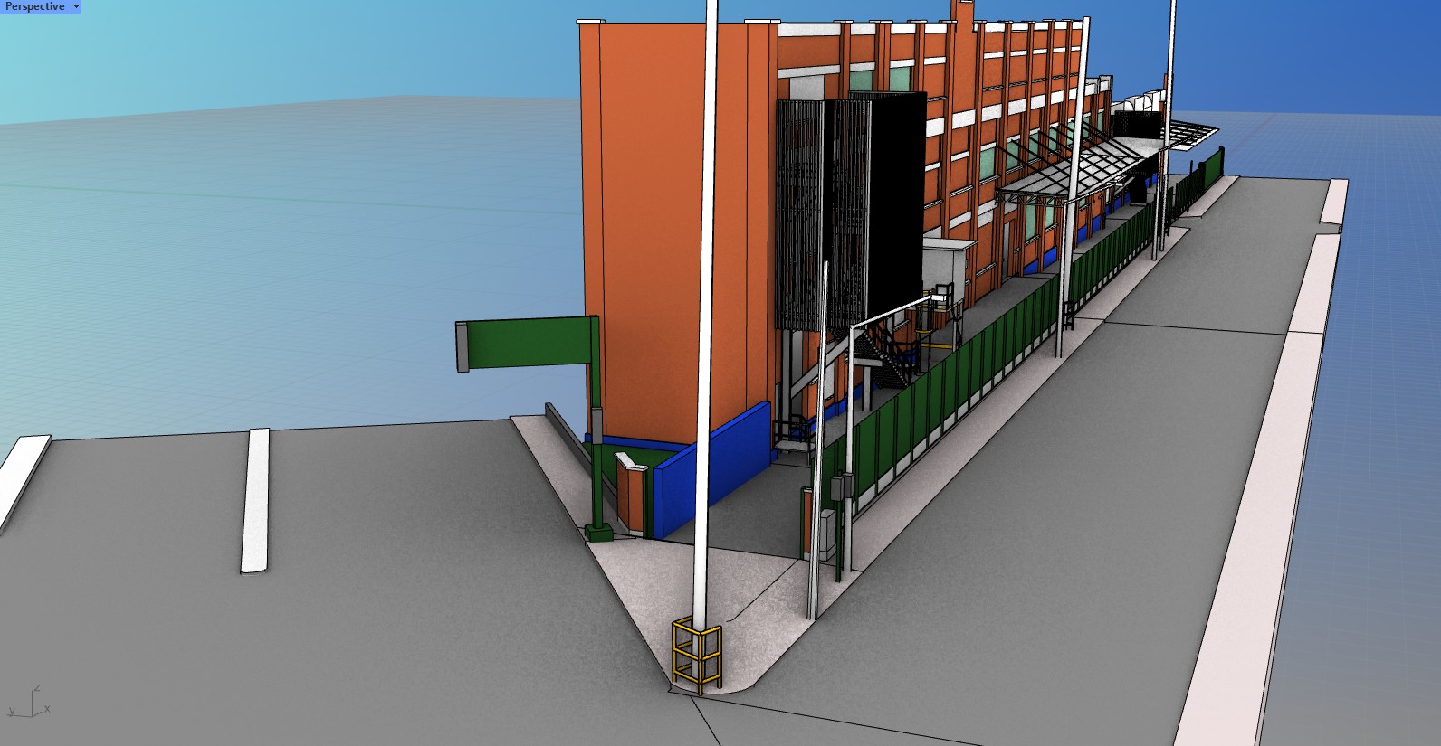 Modelo 3D exterior de edificio y contexto urbano