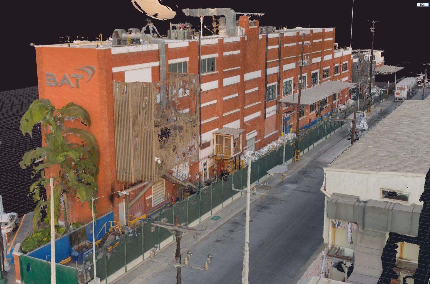 Reconstrucción 3D de edificio industrial vista oblicua